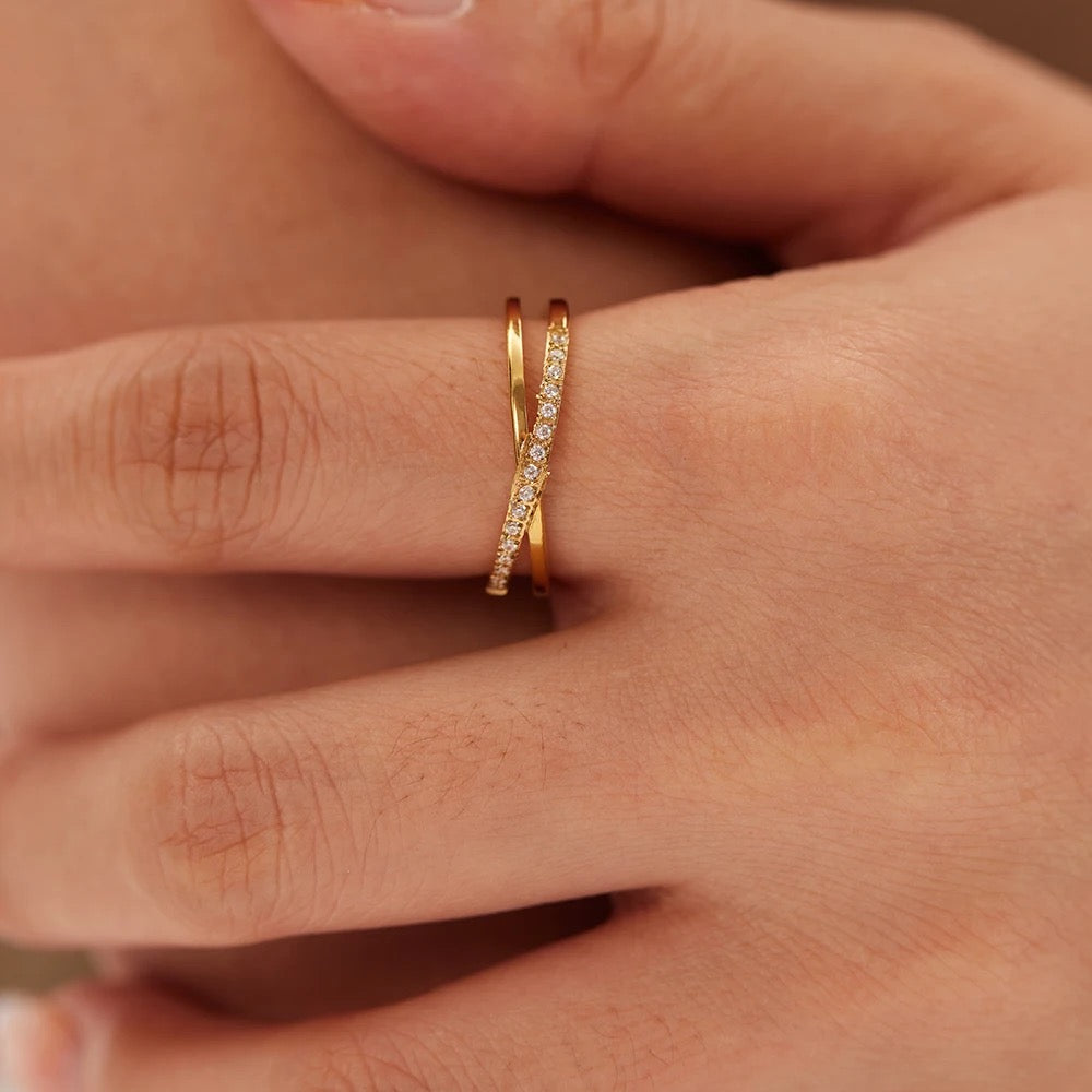 Sleek Studded Crossover Ring